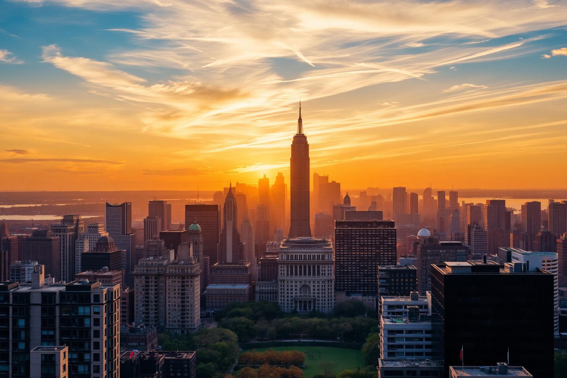 Manhattan skyline at golden hour